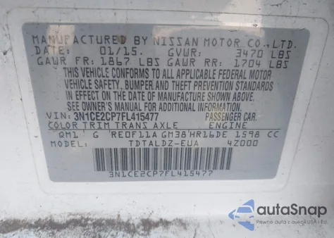2015 Nissan Versa Note S (Sr)/S Plus/Sl/Sr/Sv from USA, damaged, VIN 3N1CE2CP7FL415477